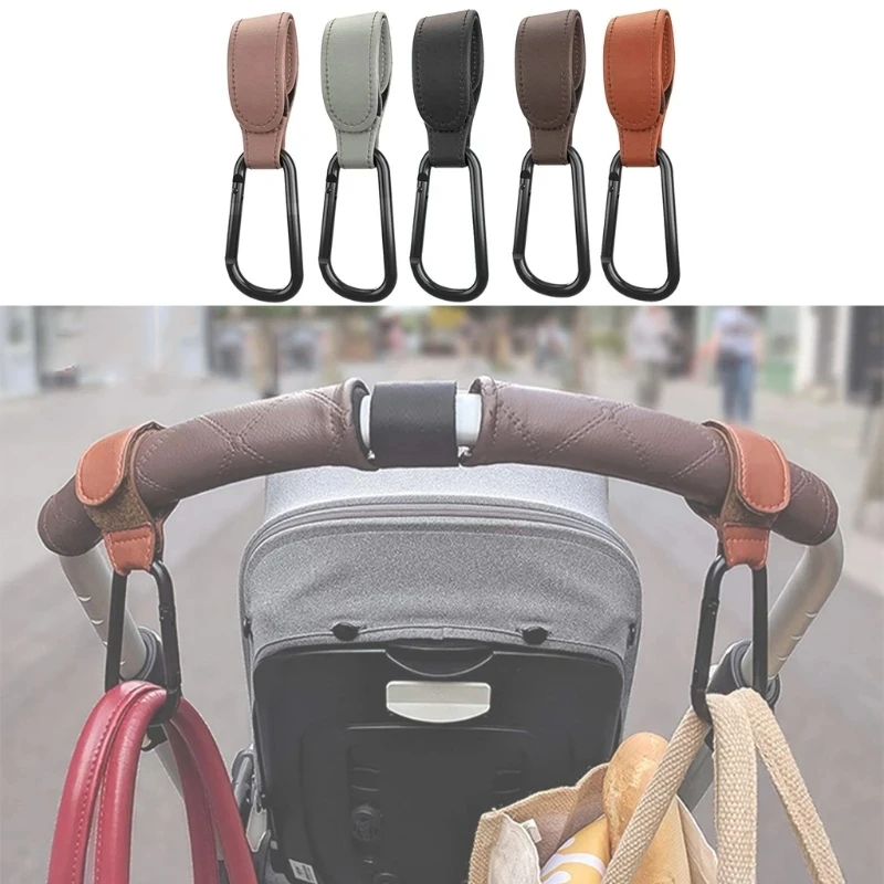 Baby Stroller Hooks Clips Stroller Accessories Aluminum Alloy Carabiner for Hanging Diaper Bags PU Leather Pram Hook Bags Hanger