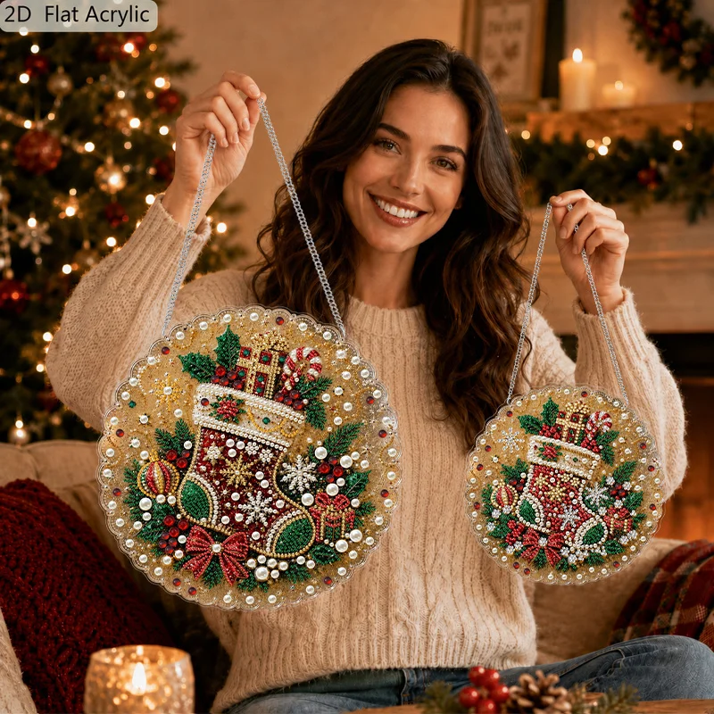 2D Flat, 1Pc 20/30cm Acrylic Hanging Ornament, 3D Pearl Diamond Painting Kit, Special Shape Pearl Beaded Xmas Hanging Sign