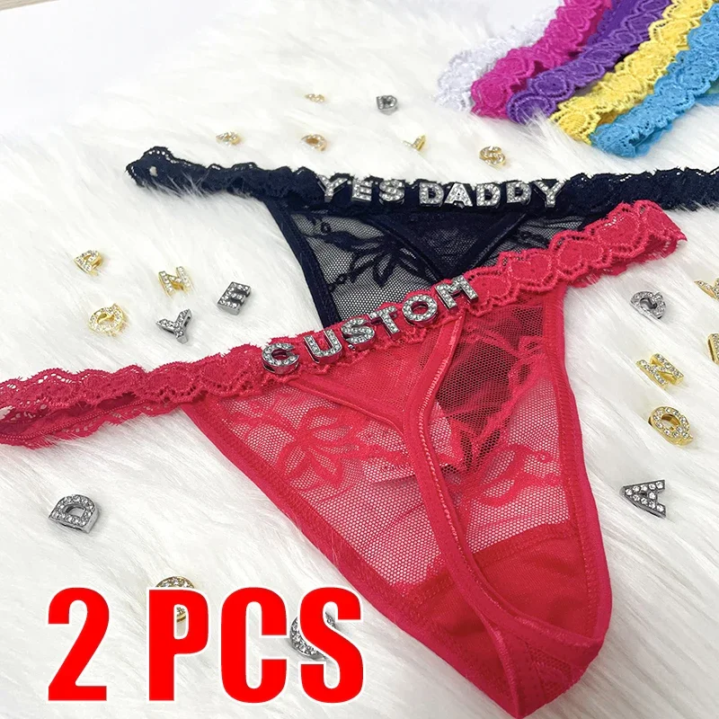 

Thong with Name Custom 2Pc/set Rhinestone Letters Waist Chain for Women Sexy Girl Lace String Bikini Customize Briefs Girlfriend