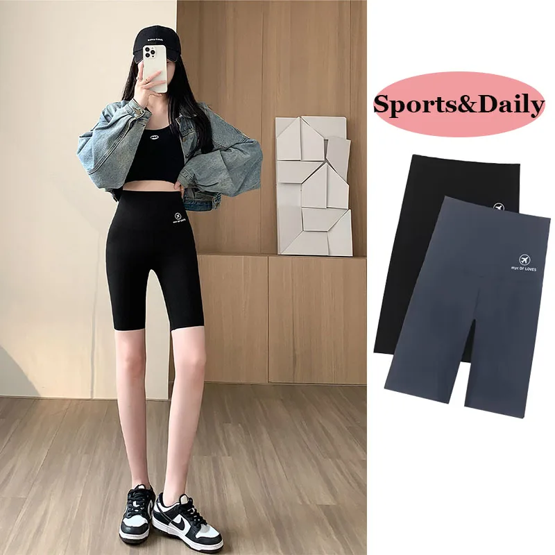 Streetwear Seamless Biker Shorts Women Fitness Casual High Waist Fashion Summer Slim Knee-Length Bottoms Black Cycling Shorts