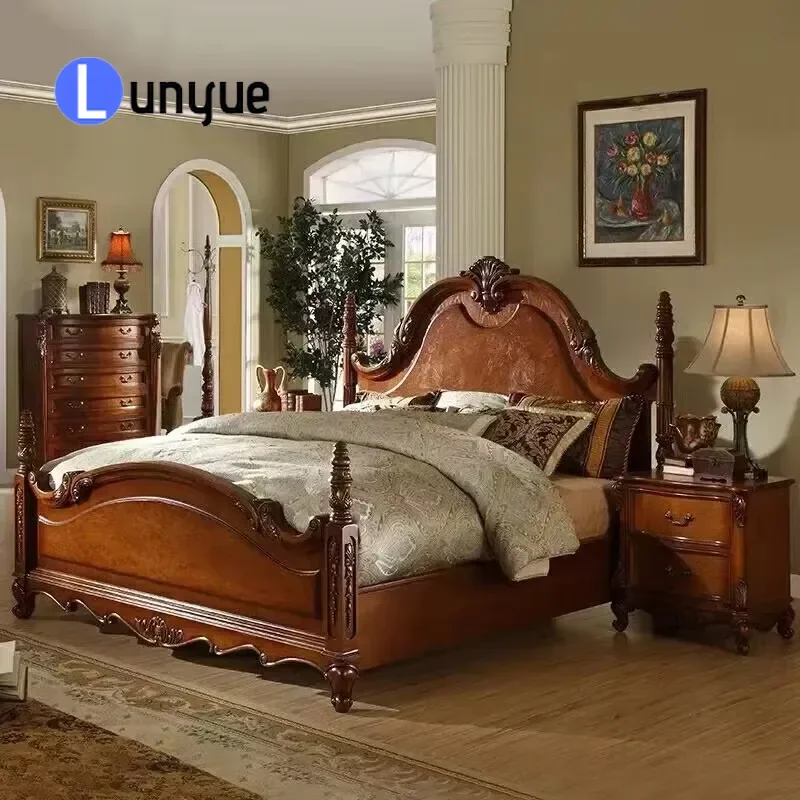 Luxury American Classic Four Poster Solid Wood King Bed Antique Retro Style Suitable for Villa Hotel Master Bedroom Furniture
