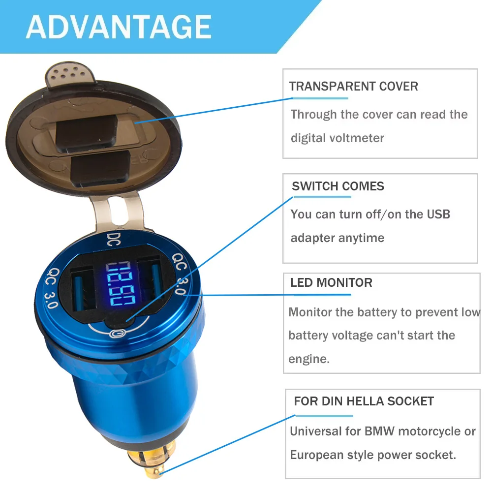 DIN Hella Plug USB PD 3.0 QC3.0 USB Charger Power Adapter Voltmeter with ON-Off Switch For BMW For Ducati For Triumph Tiger900
