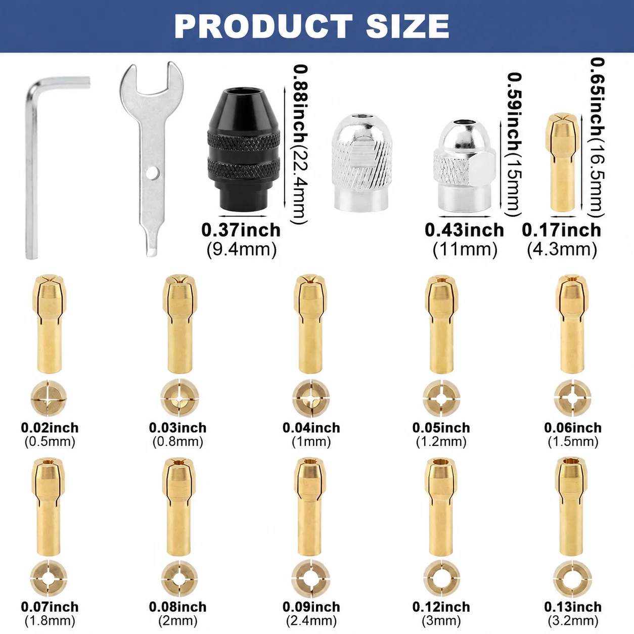 28PCS Drill Chuck Collet Set, 0.8-3.2mm Keyless Chuck, Brass Collets & Metal Nut, Compatible with Dremel 4486/4485