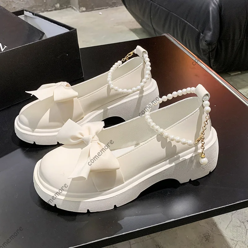 

Comemore/2022, весенне-осенние новые туфли с жемчужным бантом для девочек, бежевые, черные лоферы на толстом среднем каблуке, повседневные женские туфли-лодочки