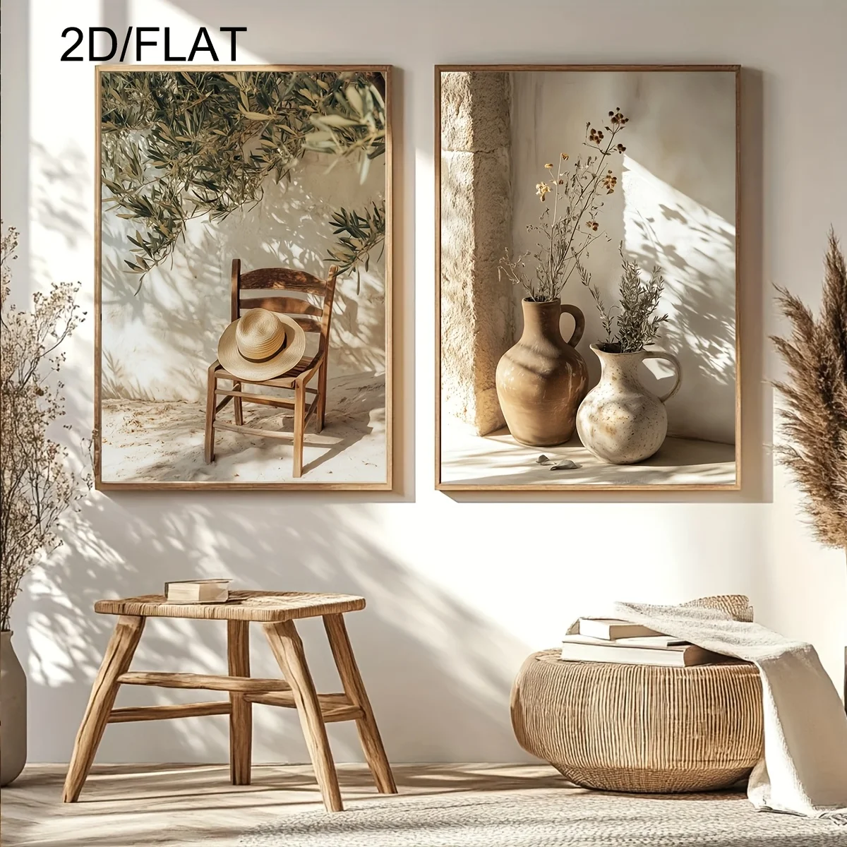 Póster impreso en lienzo de paisaje mediterráneo, sombrero de paja, silla, árbol de olivo, jarrón de terracota, impresión artística, decoración del hogar de estilo campestre, 2 uds.