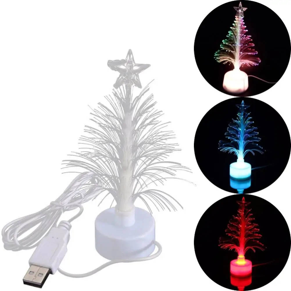 Mini LED Christmas Tree Lamp Colorful Fiber Optic Christmas Tree Slow Flash Color Changing Fiber Optical Light USB Lamp Decor