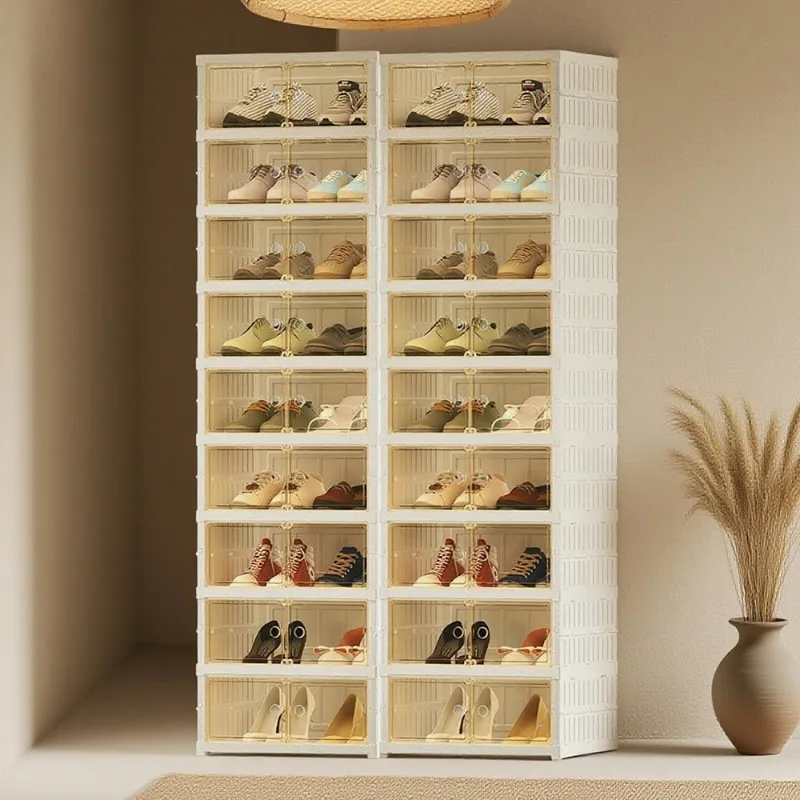 9 Tiers-36 Pairs Foldable Shoe Cabinet With Doors, Large Plastic Folding Shoe Cabinet, Easy Assembly Shoe Shelves Organizer For Entryway, Living Room, Household Storage And Organization