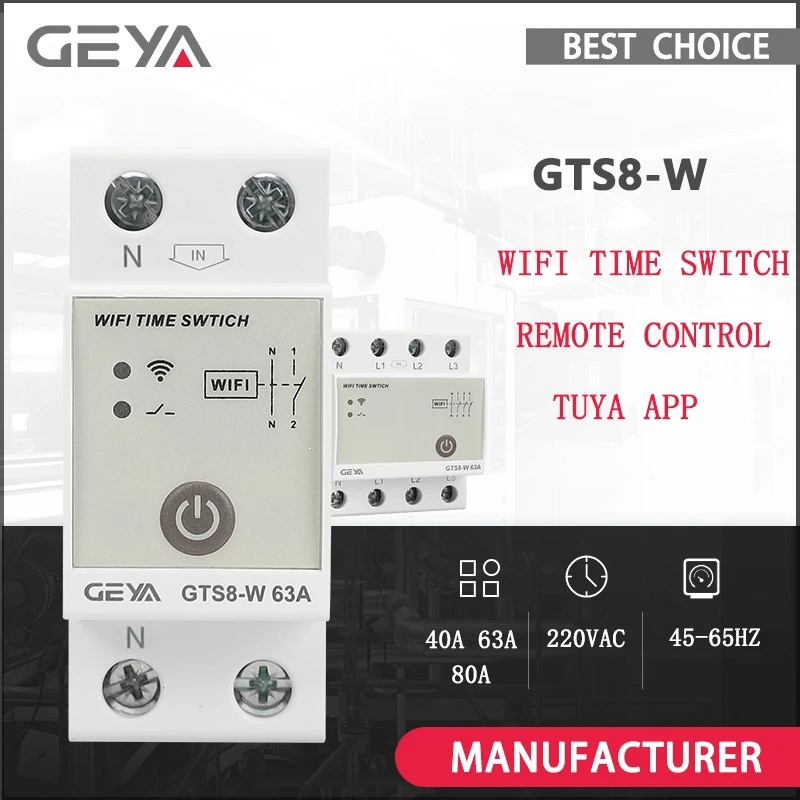 

GEYA GTS8-W Интеллектуальный Wi-Fi DIN-рейка Умный дом Беспроводной пульт дистанционного управления через приложение Tuya AC220V 40A 63A 80A