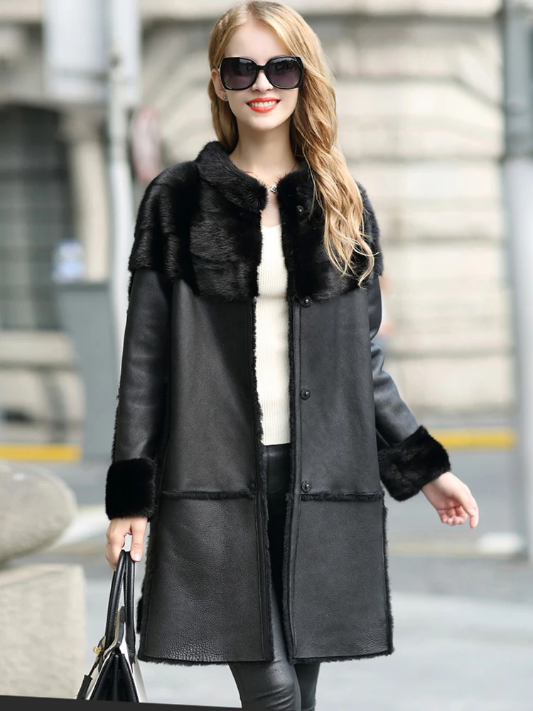 เสื้อโค้ทขนแกะแท้ KMETRAM พร้อมขนแกะติดตัว แฟชั่นระดับไฮเอนด์ สีดำยาว ฤดูหนาว 2025 เสื้อแจ็คเก็ตผู้หญิง ขนสัตว์สำหรับผู้หญิง