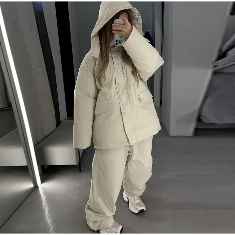 Damen-Winterhosen-Sets, Kapuzenjacken mit langen Ärmeln und Reißverschluss, übergroße, wattierte Jacken, Hosen mit weitem Bein, Herbst-Outfits für Damen, einfarbig, locker geschnitten. – Detail 9