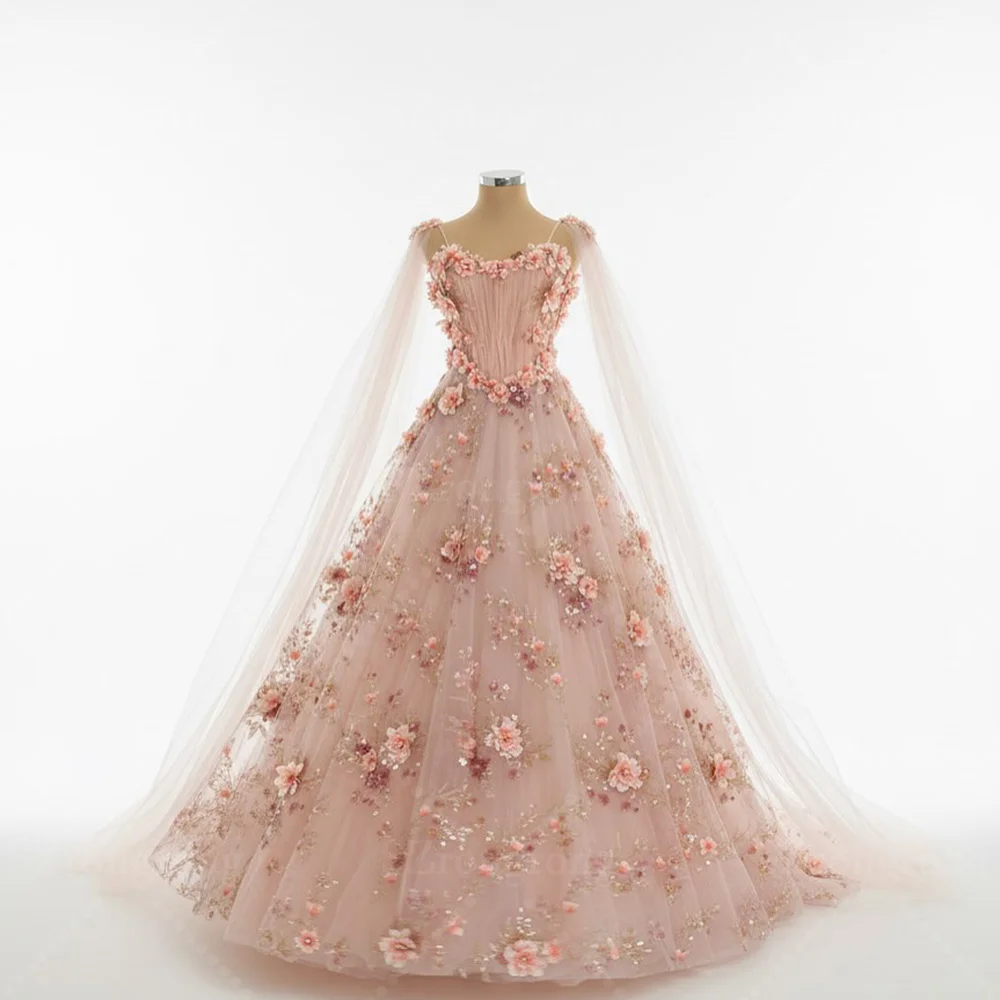 Abito da cerimonia nuziale da principessa in pizzo floreale 3D con spalline radiantes su misura Abito da sera lungo fino al pavimento senza schienale con strascico