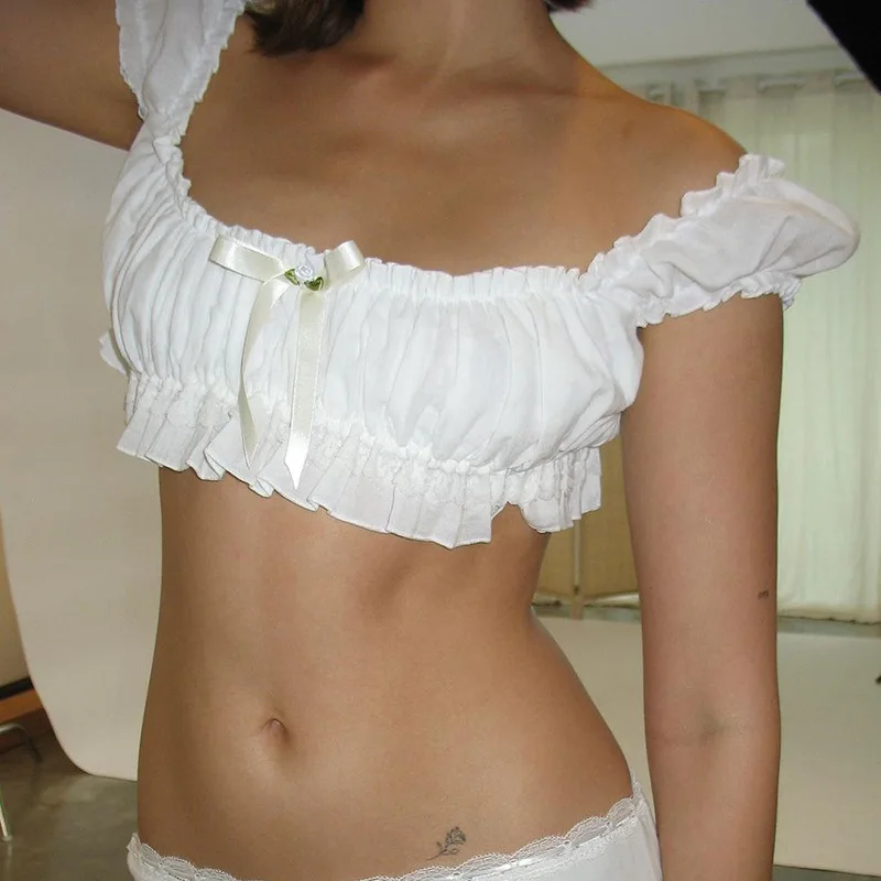 Y2K Summer French Women Sexy Tube Top T-shirt Ultra Short Bubble Sleeve Top Pure Colour Exposed Navel Bowknot Spice Girl T-Shirt