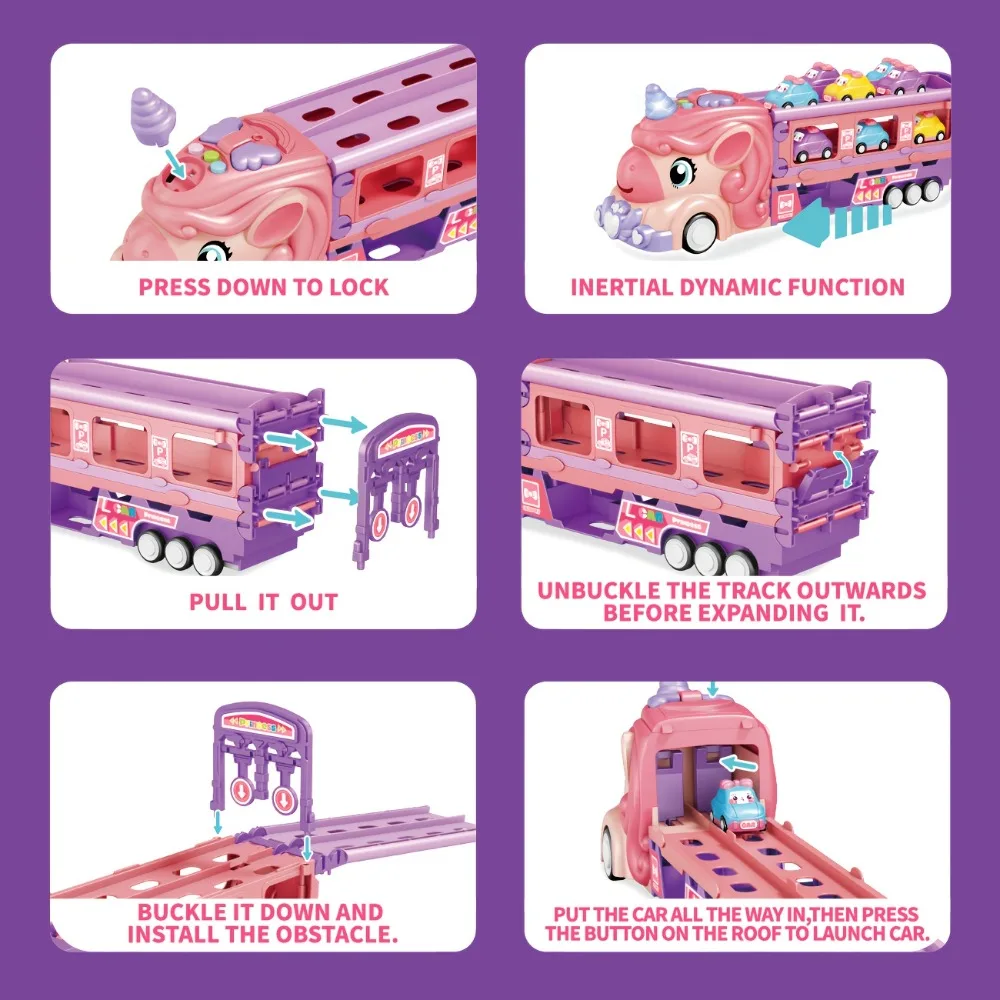 لعبة سيارة شاحنة نقل وردية مع وضع مسار ممتد، تخزين قابل للطي، تأثيرات أضواء وموسيقى، تتضمن 6 سيارات صغيرة، لعبة أطفال
