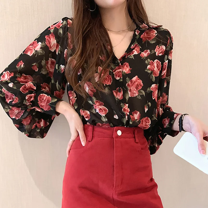 PLAZSON Vintage Flower Print Women Chiffon Thin Blouse Spring Long Sleeve Sheer Shirt Sunscreen Clothes Tops Blusas Para Mujer