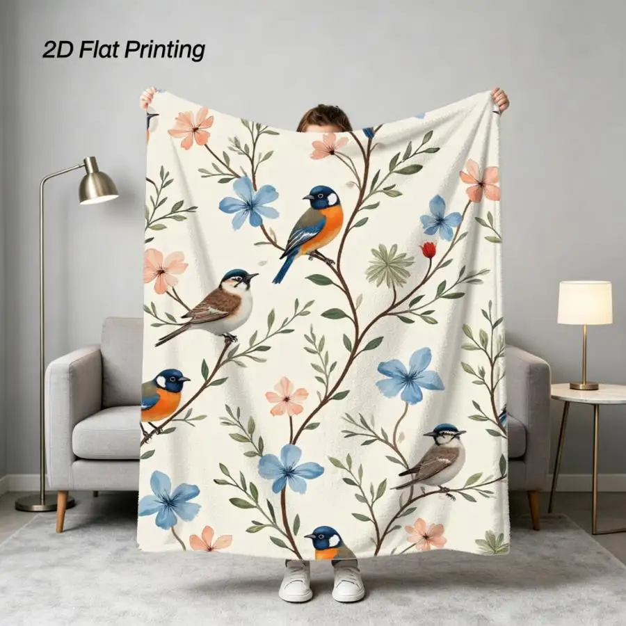 1pc Soft Flannel Throw Blanket - Delicate Watercolor Birds on Branches with Blue And Peach Flowers, Cream Background Nature-Inspired Design, All-Season Machine-Washable Cozy Cover for Sofa, Travel, And Home Decor Gift Weighted Blanket 280GS