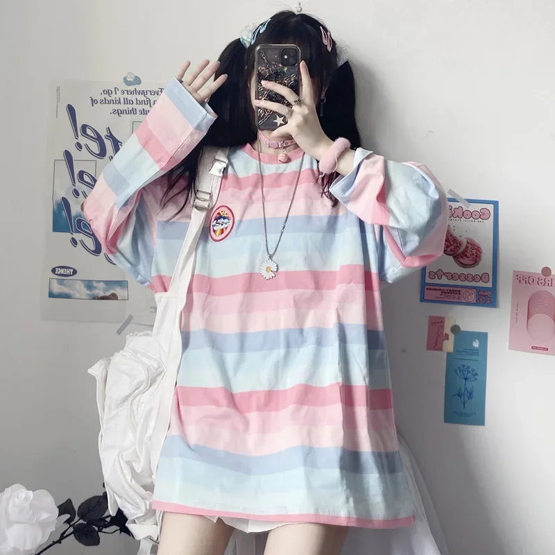 

New Ladies Long-sleeved T-shirt Homewear Ladies Korean Version of The Striped Loose Student Bottoming Tops Women's Clothing Ms.