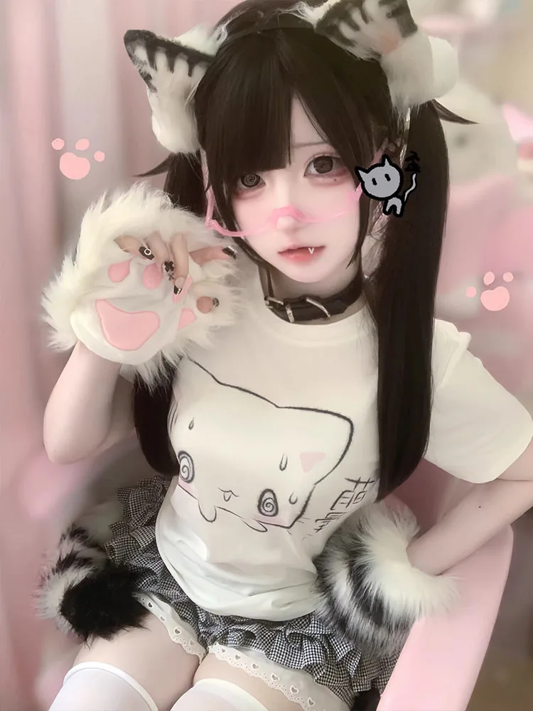 Kawaii Dizzy Cat Print Crew Neck T Shirt Japanese Cute Cartoon Short Sleeve Casual Basic Tee