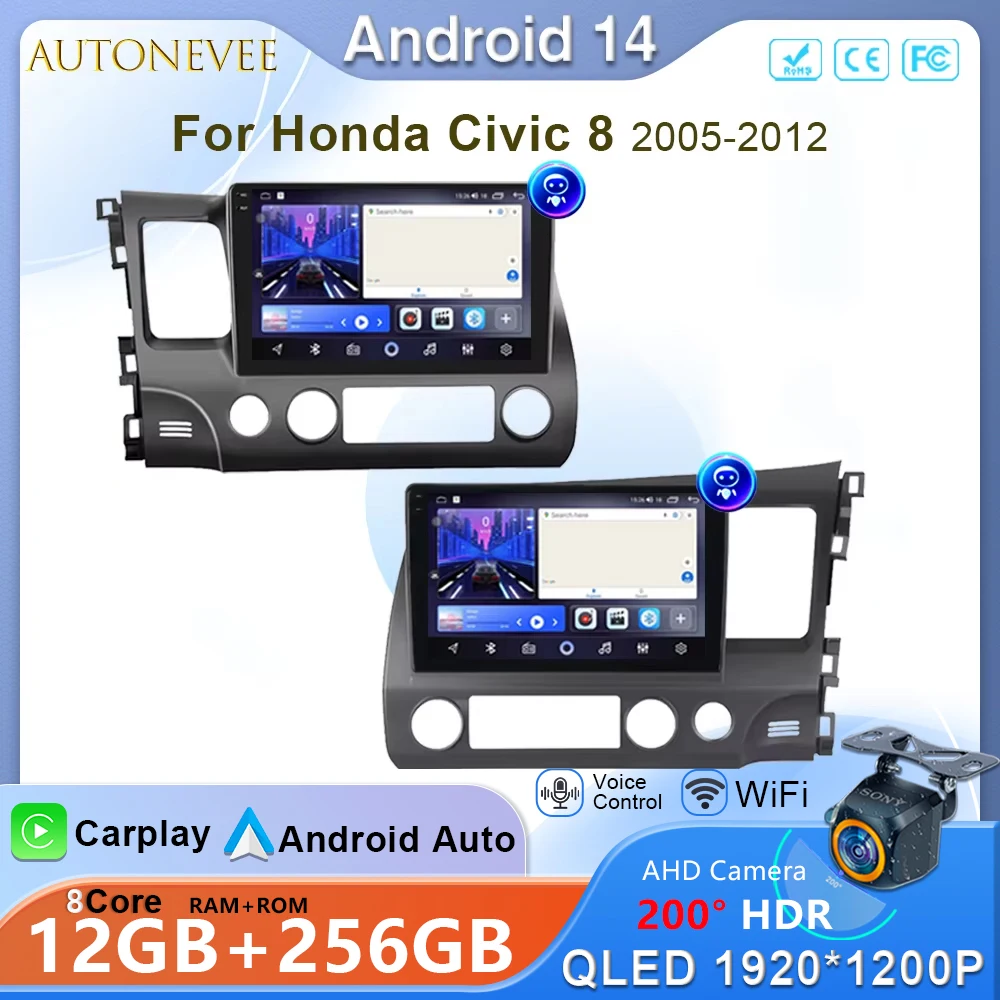 

10'' For Honda Civic 8 2005-2012 LHD RHD Android 14 Car Radio Multimedia Video Player Navigation GPS Head Unit Stereo No 2Din 4G