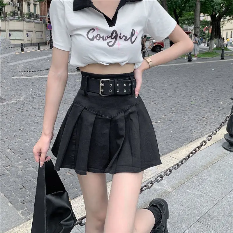 High Waist Pleated Mini Skirts Spring Summer A-Line Hotsweet Vintage Solid Color Basic Women\'s Clothing Stylish Sashes Skirts