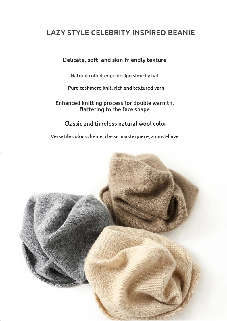 Damen-Mützen aus 100 % reinem Kaschmir, solide Kappen, gerollter Saum, lässig, Basic, weich, Herbst und Winter, echter Kaschmir, warme Schlafhaar-Mütze – Detail 6