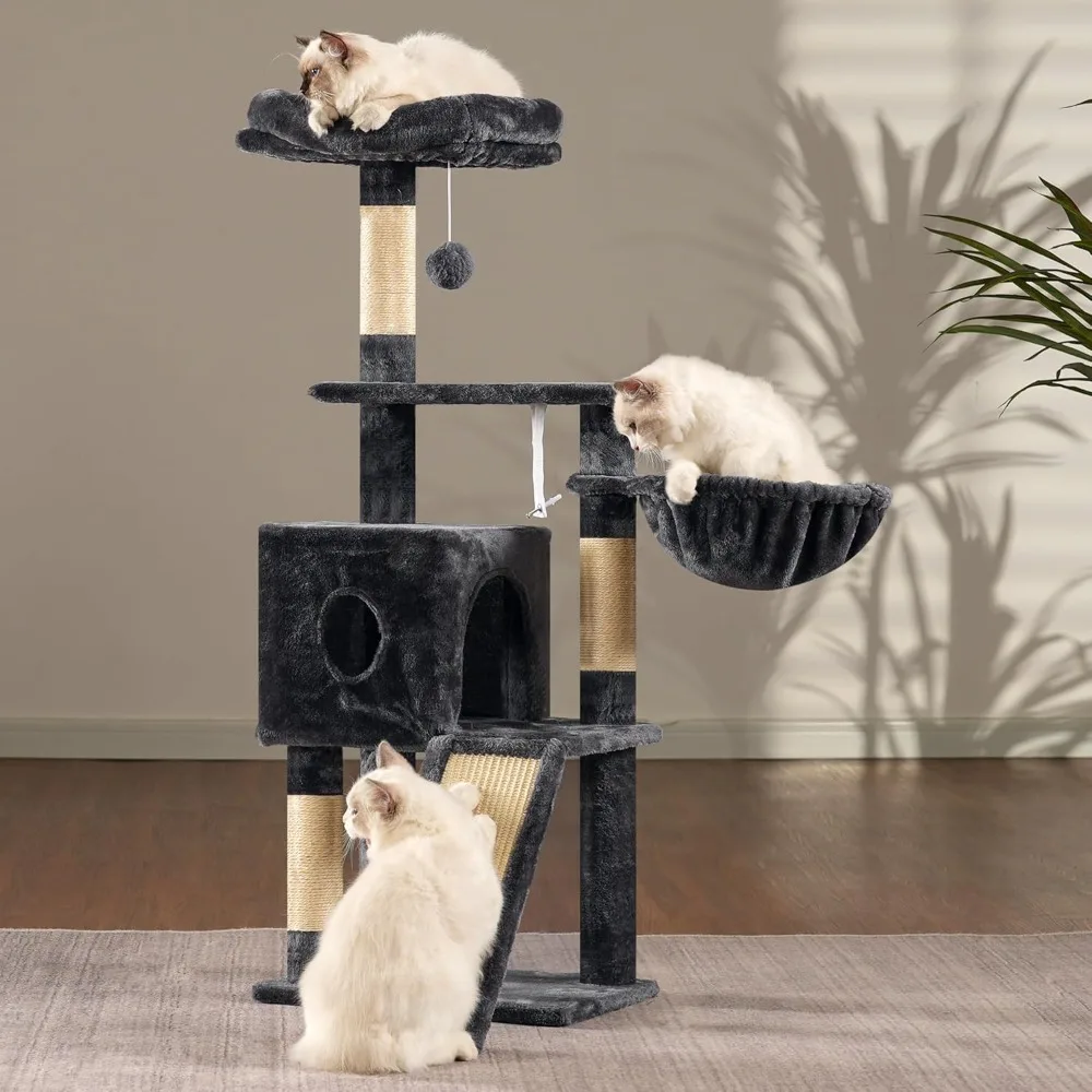 

42.5 Inch Cat Tower, Plush Multi-Level Kitten Cat Condo with Scratching Post, Ramp, Basket, Cat Cave, Hanging Ball