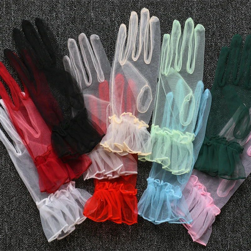 Women Lace Mesh Gloves Summer Sunscreen Full Finger Gloves Short Tulle Etiquette Party Gloves Stretchy Lotus Leaf Sheers Mittens