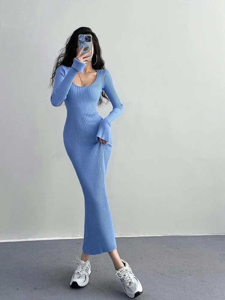 Retro American Spicy Girl Sexy Slim Fit Long Sleeve Knitted Dress Women's Bodycon Fish Tail Long Skirt Spring Autumn Winter