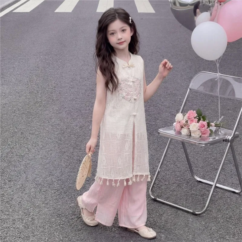 Girls' New Chinese Embroidery Lace Set 2026 Summer Children's Ancient Style Casual Sleeveless Top Pants 2-piece Set LJ596