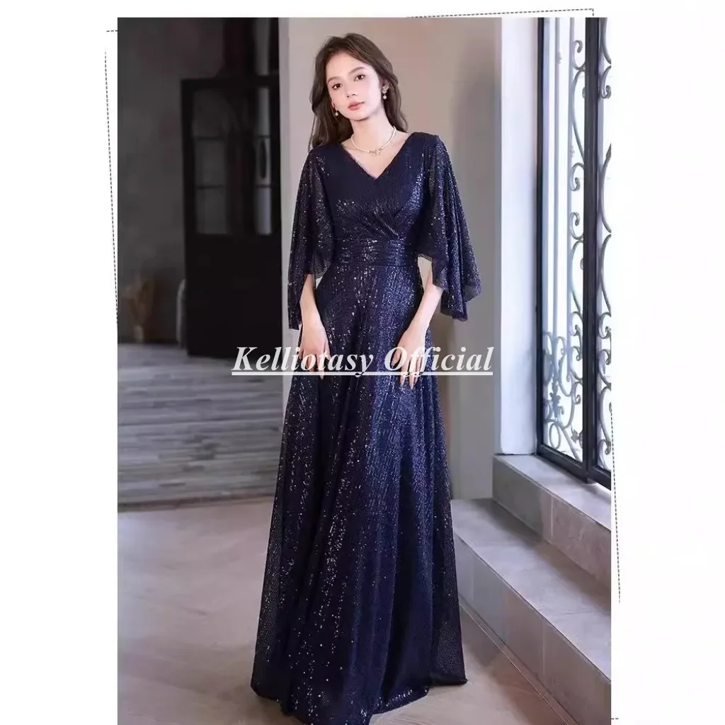 

Выполненное на заказ кружевное вечернее платье с блестками и v-образным вырезом, изысканное длинное вечернее платье с рукавами четверть для свадьбы SSS003