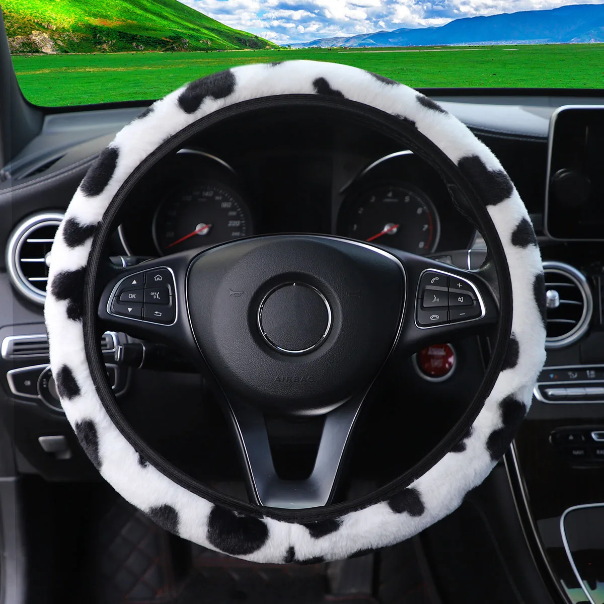 Warme, handliebende, bedruckte Lenkradabdeckung für Damen, Winter-Autozubehör, universell passend für 14,5–15 Zoll Fahrzeuglenkrad