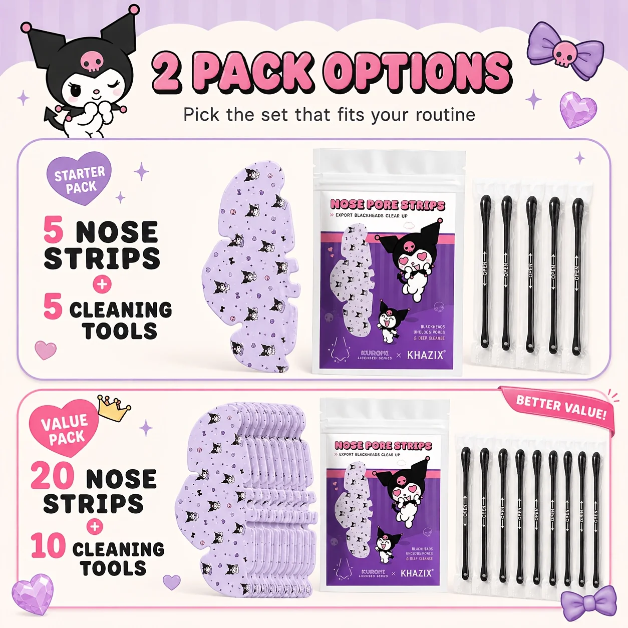 5PCS+5PCS/20PCS+10PCS SANRIO Kuromi Purple Nasal Patch, deeply cleanses, smooths and tightens pores, gentle
