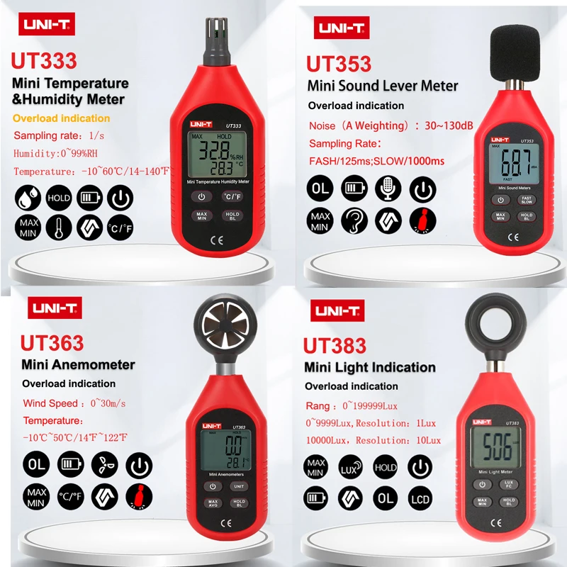 UNI-T UT353 UT383 UT363 UT333 Mini Illuminance Meter Portable Noise Tester Digital Thermometer Hygrometer Anemometer LCD