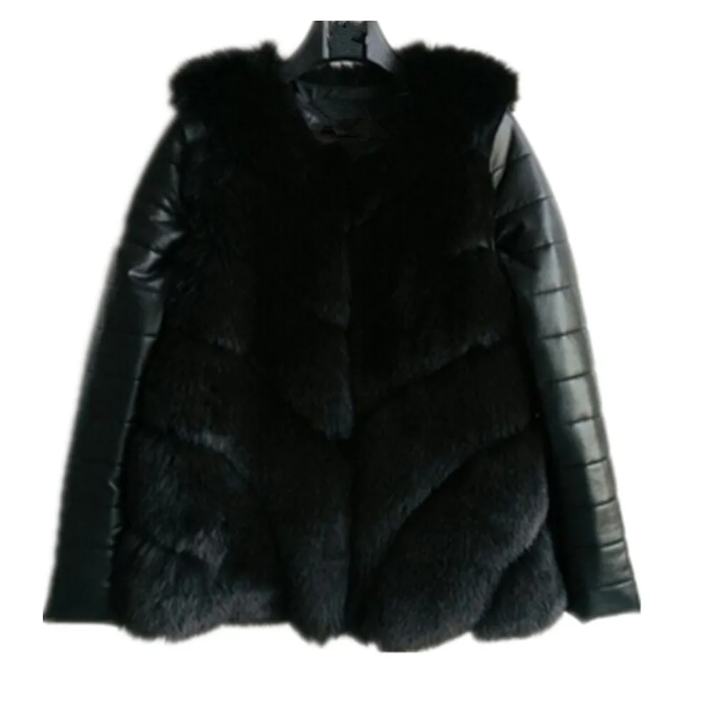Women Winter Overcoat Outwear PU Leather Removable Sleeves Faux Fur Coat With Hooded Thick Warm Faux Fox Fur Jacket