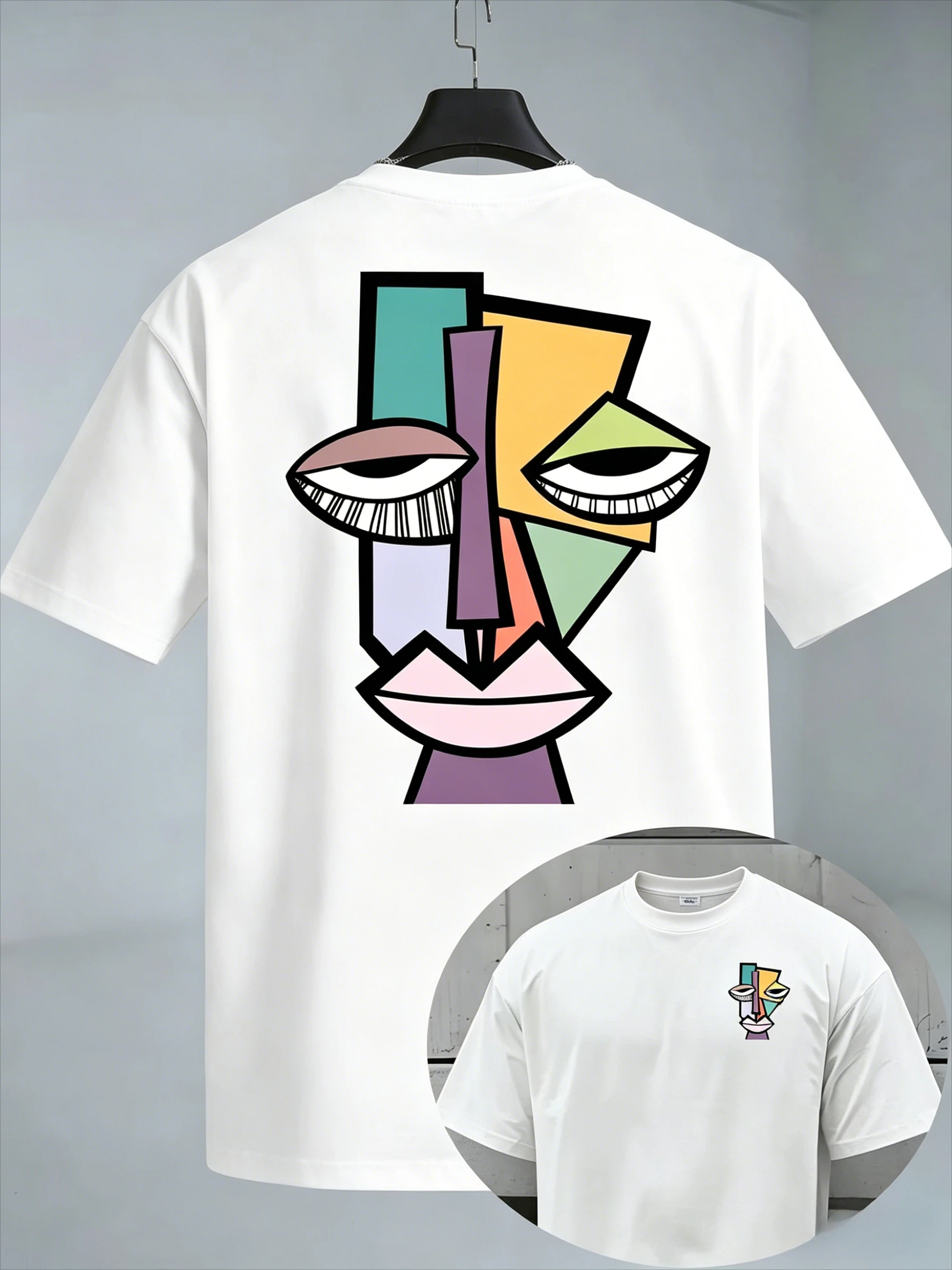 Abstract Geometric Face Graphic T Shirt for Men 100% Cotton Art Cubism Portrait Casual Short Sleeve Black 2026 New