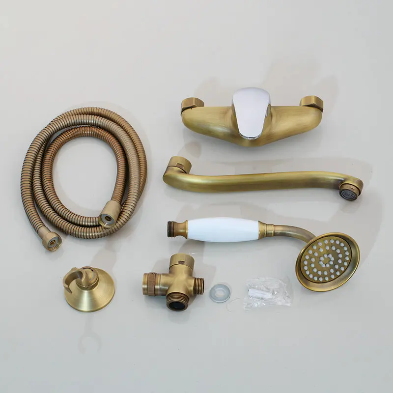KEMAIDI Antique Brass Wall Mounted Bathroom Bathtub Faucet Mixer Tap With Hand Shower Head Mixer Shower Faucet Set Long Spout