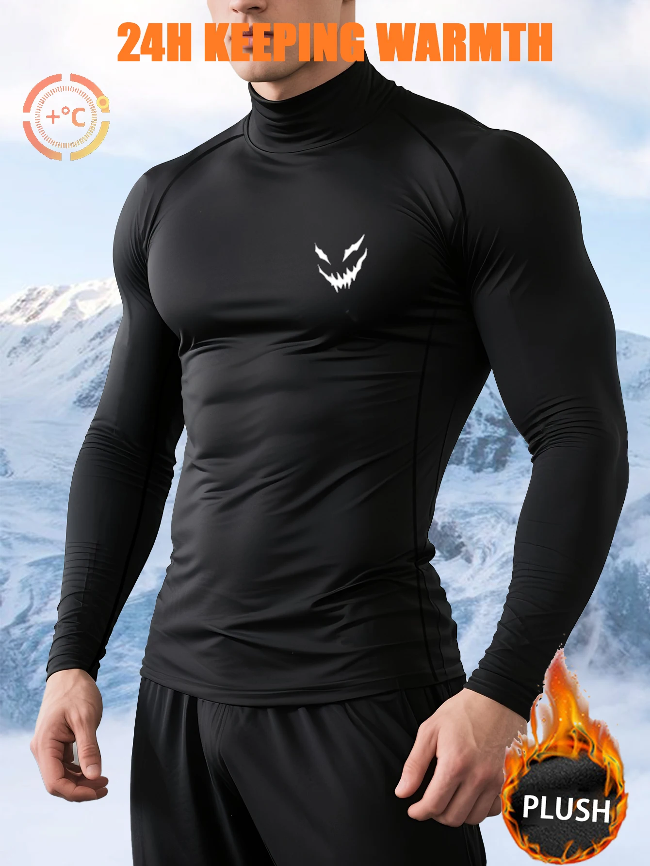 1Set Men’s Black Warm Compression Fleece Tracksuit Mock Neck Cool Graphic Print Slim Fit Elastic Thermal Sportswear Running Trai