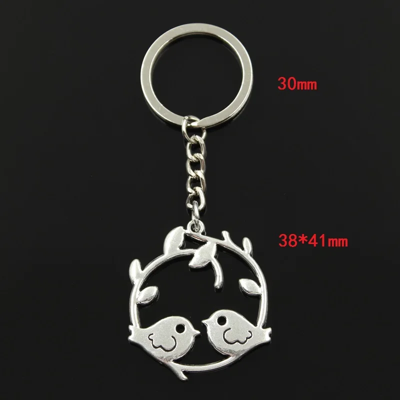 Fashion 30mm Key Ring Metal Key Chain Keychain Jewelry Antique Silver Color Plated Lover Bird Branch 38x41mm Pendant