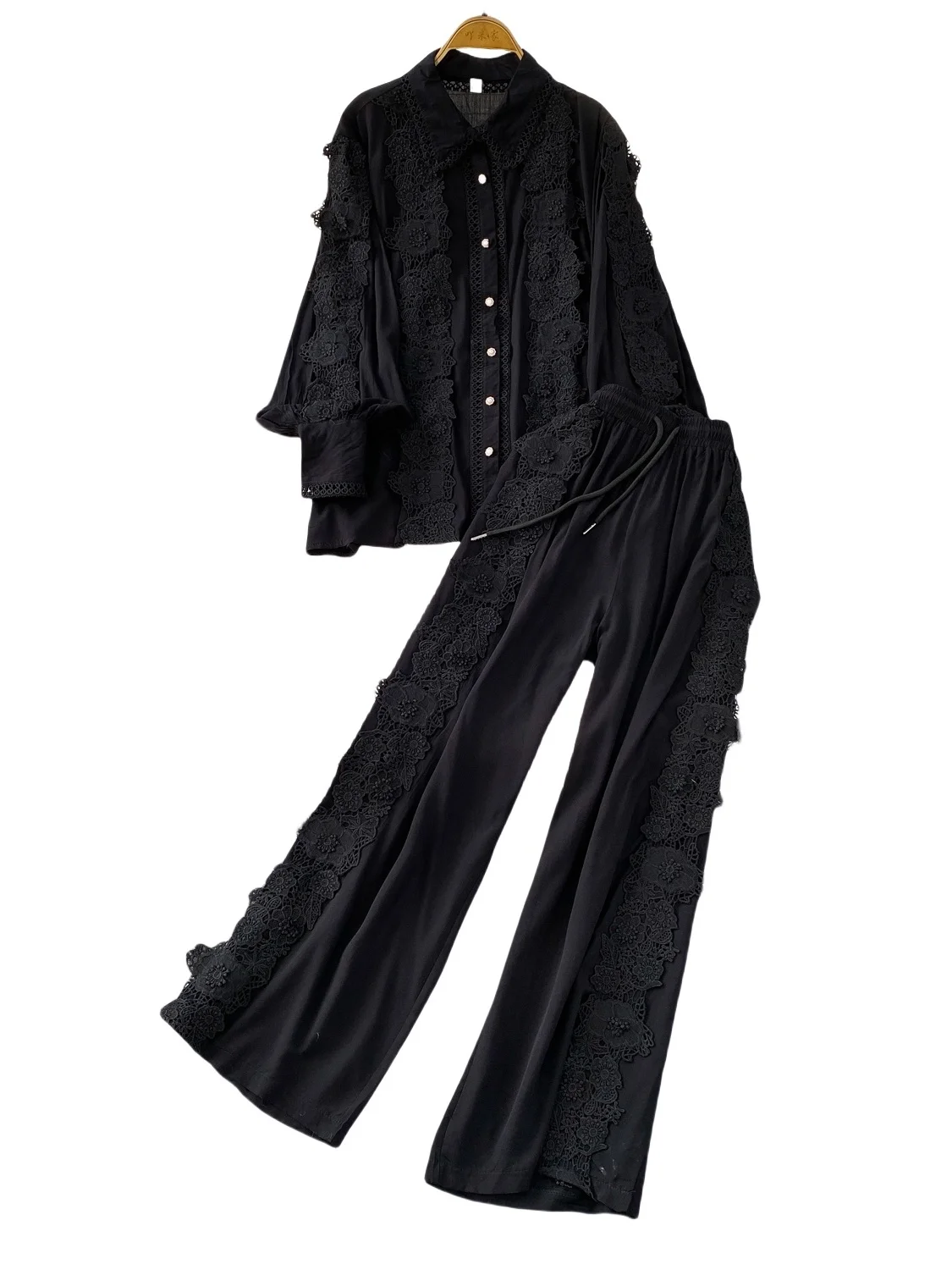 

Розовые кружевные длинные брюки Sve irt с высокой талией, узкие прямые брюки, комплект из двух предметов, осенний сезон, ансамбль Faion для молодых ...