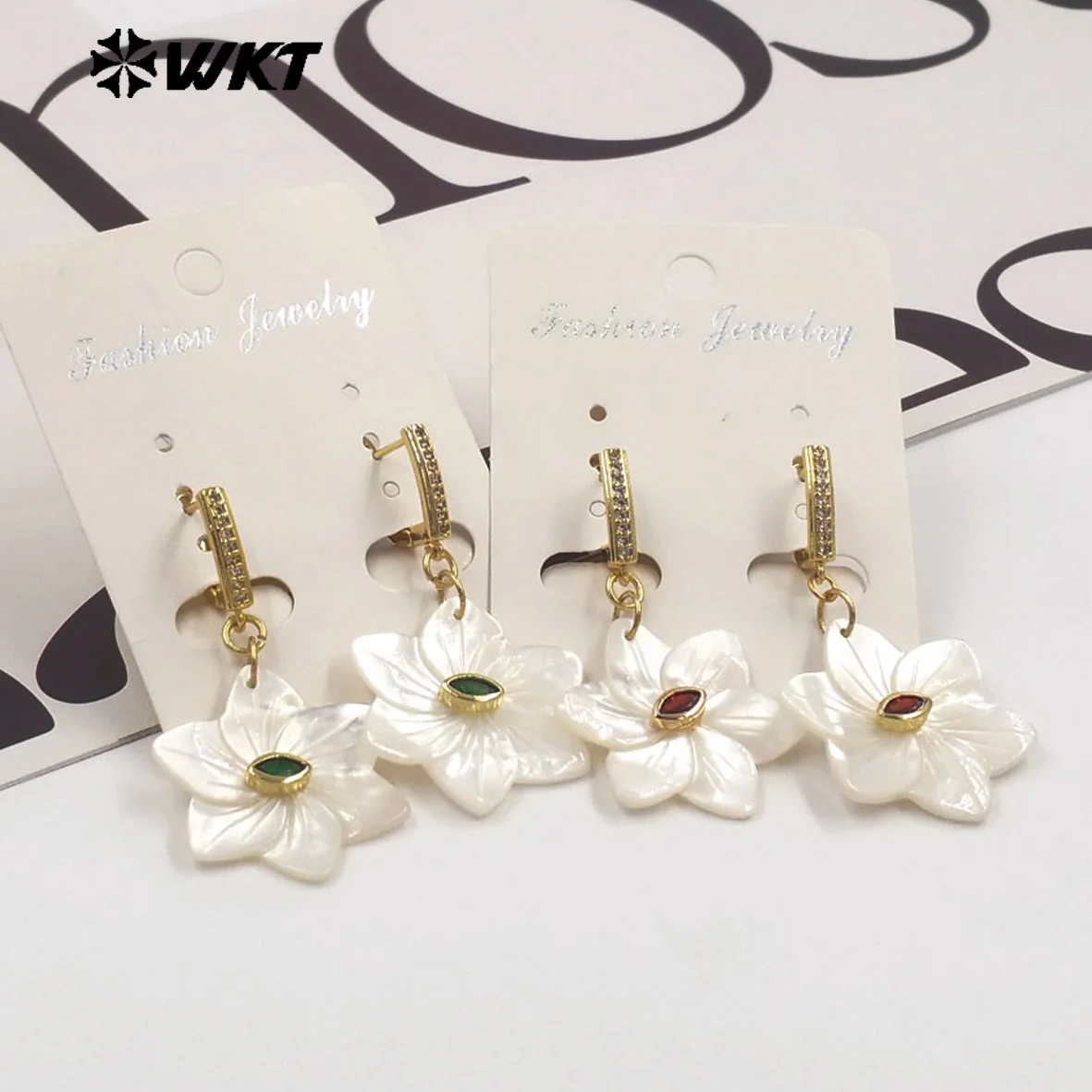 WT-MPE181 Unique Hexagonal Flower Shape White Shell And Zircon Paved Fine Charms Mid-Length Earrings For Women Dating ACC