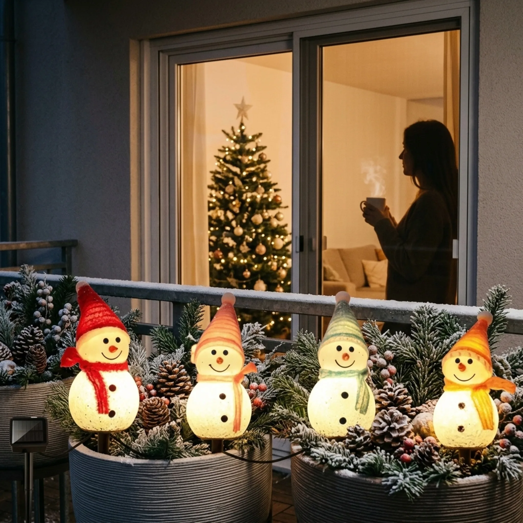 1 Set 4 Pcs Solar Snowman Pathway Stake Lights, LED Warm Light Glowing Snow Figurine Lamp with Colorful Knit Hat & Scarf, IP44 W