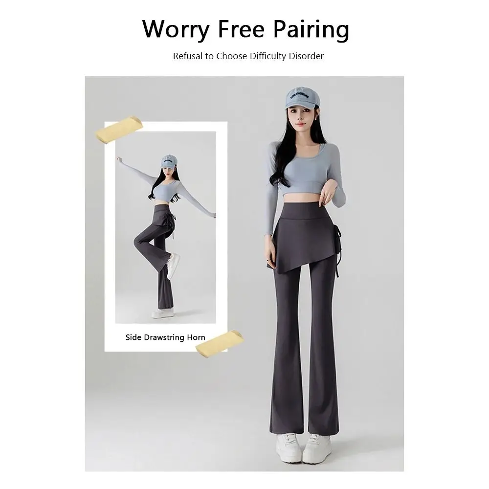 Stretch Fabric Flared Skirt Pants Slimming Design Drawstring Waist Fake Two-Piece Pants Tummy Control Bell Bottom Yoga Leggings