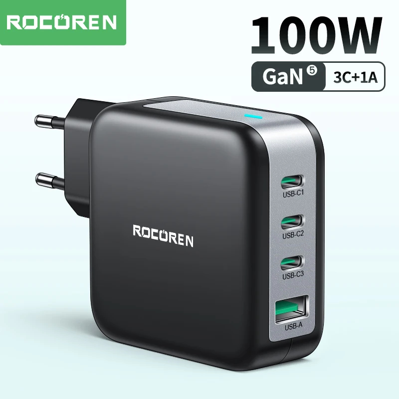 Rocoren 100W GaN Charger PD QC 4.0 3.0 USB Fast Charger Type C Quick Charging USB C Phone Charger for iPhone 14 Pro Max Macbook