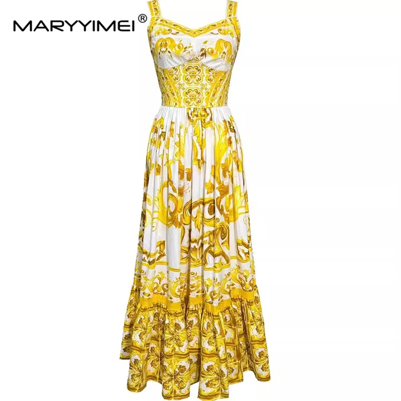 MARYYIMEI Fashion Designer Summer Woman\'s Cotton Square-neck Sexy Spaghetti Strap Backless Baroque Print Beach Style Dresses