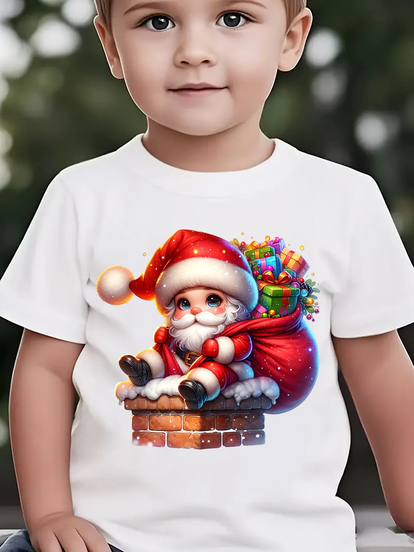 Kids Boys Girls Family Matching T Shirt Christmas Cute Santa Chimney Gift Bag Graphic Print Short Sleeve Crew Neck Soft Tee