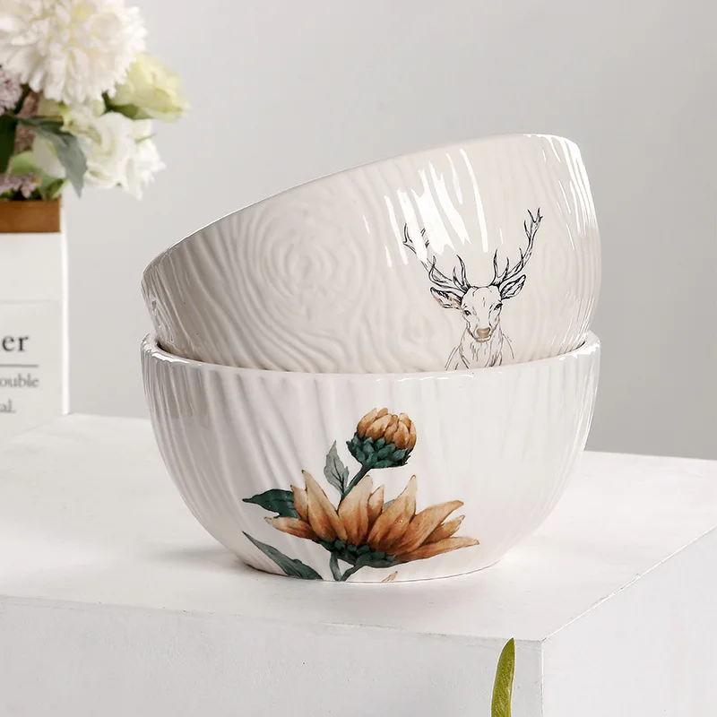 

Креативная керамическая 6-дюймовая чаша для лапши с тиснением под дерево, блюдо для фруктового салата