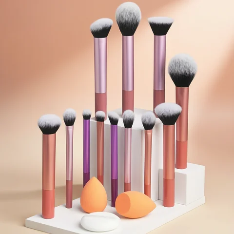 12-Piece Classic Full Makeup Brush Set with Angled and Teardrop Blenders, 1 Powder Puff - Professional Application Tools, Nylon