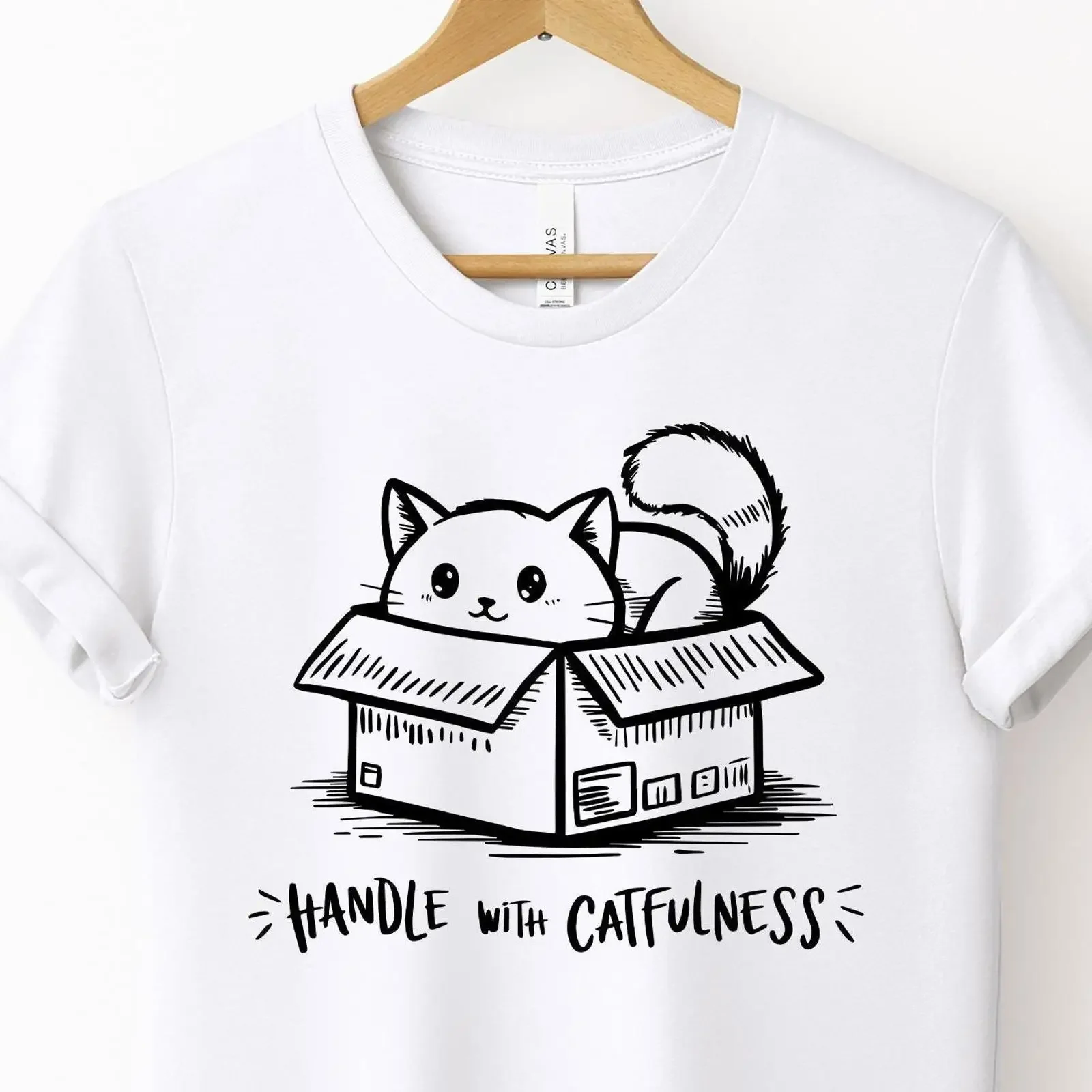 Handle with Catfulness Cute Cat in Box Funny T Shirt Playful Cartoon Pet Themed Casual for Lovers vintage Washed graphic Unisex