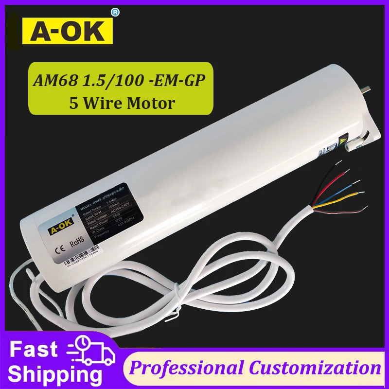 A-OK AM68 1.5N/100 65W 5 Wire Curtain Motor,RF433 Remote+RS485+Dry Contact+Strong Power Wall Switch Control,100-240V 50/60HZ