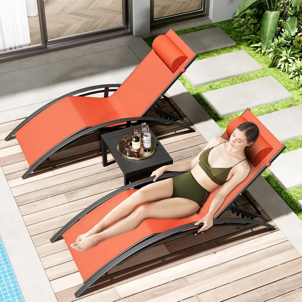 طقم صالة كراسي حمام السباحة مكون من 3 قطع مع مسند للرأس، كراسي استرخاء بجانب حمامات الشمس قابلة للتعديل مكونة من 5 مستويات #4