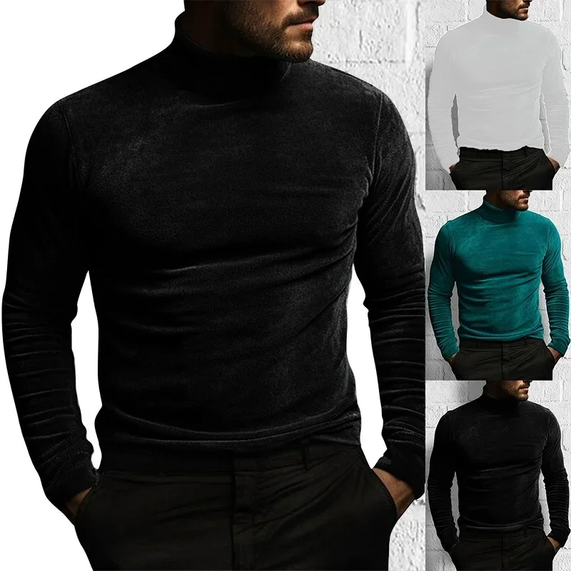 2024 Autumn Long Sleeved Solid Color Tight Fitting T-Shirt, Fashion  Autumn and Winter Men's High Neck Velvet Base Sweater